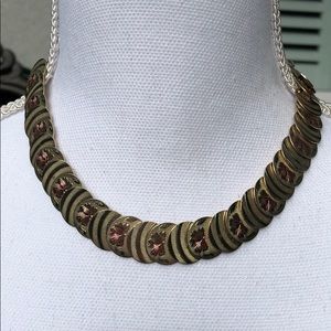 Vintage gold tone & pink flower necklace